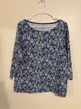 Talbots Woman 1X Paisley Floral 3/4 Sleeve Cotton Stretch Top Navy Blue